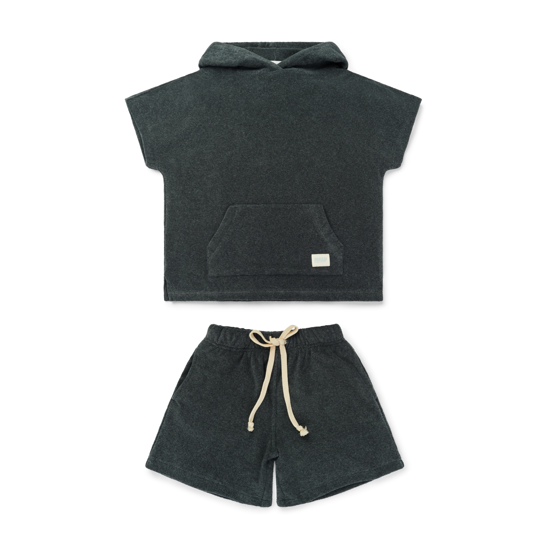 Charcoal Grey Rugii Hooded Towel Top and shorts
