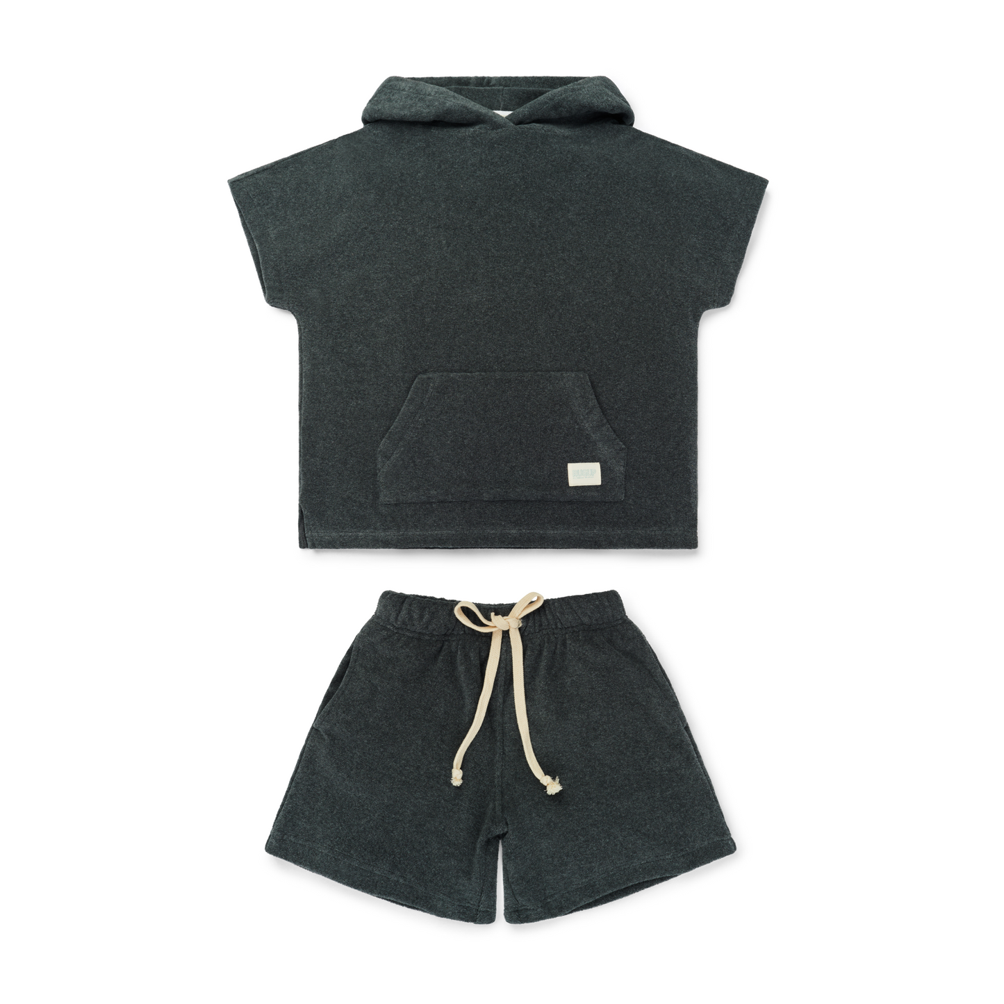Charcoal Grey Rugii Hooded Towel Top and shorts