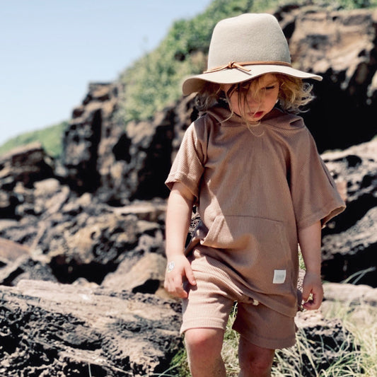 5 year old in Mocha hooded towel waffle short
